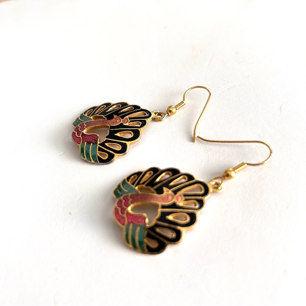 Vintage Cloisonné Peacock Earrings Gold Tone